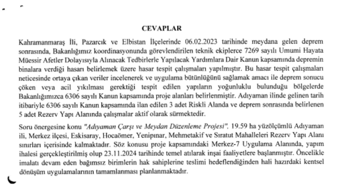CHP'li Cem Avşar'ın ‘Adıyaman Çarşı ve Meydan Düzenleme Projesi’ sorusuna bakanlıktan belirsizlik içeren yanıt