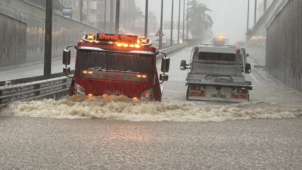 Alanya’da sağanak nedeniyle iş yerlerini su bastı, araçlarda mahsur kalanlar kurtarıldı